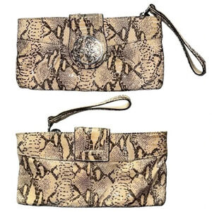 Solina natural Python tan/brown genuine leather clutch/wristlet with medallion‎